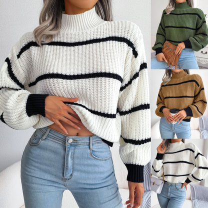 Women’s Striped Knit Sweater – Loose Fit Lantern Long Sleeve Mock Neck Pullover, Warm Casual Streetwear for Autumn & Winter