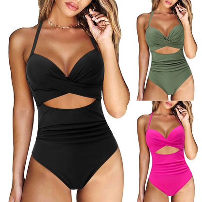 New One-Piece Swimsuit for Women | Hollow Design with Hard Cups and High-Waist Solid Color Swimwear