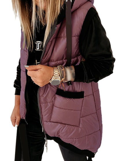 Womens Casual Sleeveless Zip Up Puffer Hooded Jacket Coat