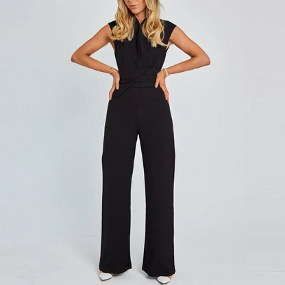 Spring New Women's Long Jumpsuit – Elegant V-Neck, High-Waist Belt, Straight Wide-Leg, Casual Holiday Style Jumpsuit