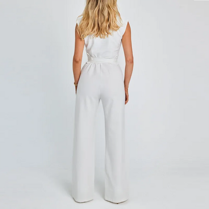 Spring New Women's Long Jumpsuit – Elegant V-Neck, High-Waist Belt, Straight Wide-Leg, Casual Holiday Style Jumpsuit