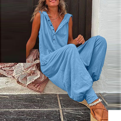 Women's Casual Drop Buttoned V-Neck Sleeveless Baggy Jumpsuits