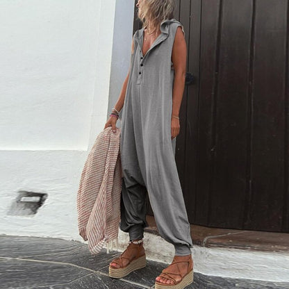 Women's Casual Drop Buttoned V-Neck Sleeveless Baggy Jumpsuits