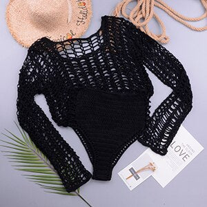 Boho Crochet Bikini Set | Hollow Out Mesh Beach Split Swimsuit with Long Sleeve Cover-Up, Women’s Fishnet Beachwear