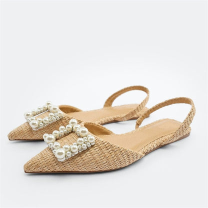 Square Faux Pearl Beads Flat Women Sandals