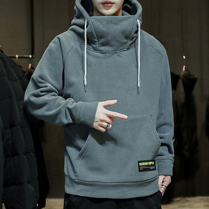 2025 Men’s High Collar Hoodie – Loose Fit Drawstring Sweatshirt with Elastic Cuffs for Winter