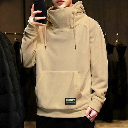 2025 Men’s High Collar Hoodie – Loose Fit Drawstring Sweatshirt with Elastic Cuffs for Winter