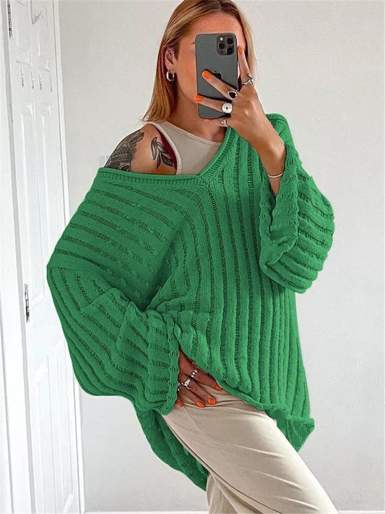 Women's V-Neck One-Shoulder Down Loose Winter Sweaters
