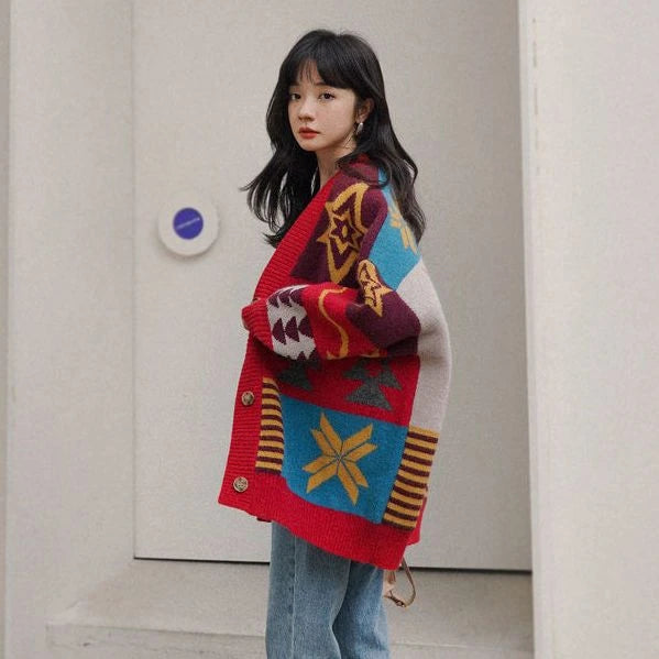 Unique Geometrical Pattern Knit Cardigan Sweater