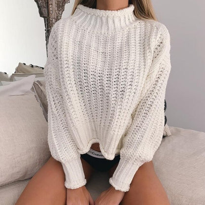 Oversized Jacquard Pullover Sweater for Women – Stand Collar Korean Style Knitted Long Sleeve Tops, Loose Fit Solid Winter Clothes