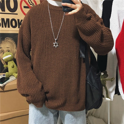 Cozy Winter Ribbed Pullovers for Men – Loose O-Neck Solid Sweaters, Retro Korean Style Long Sleeve Jumpers for Couples & Teens