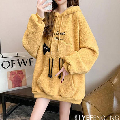 Embroidered Sheep Hooded Sweatshirt – Autumn & Winter Imitation Lamb Wool Plush Hoodie for Women