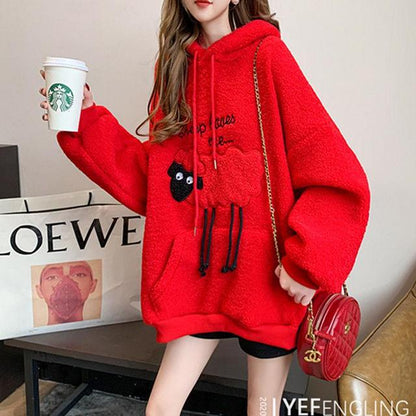 Embroidered Sheep Hooded Sweatshirt – Autumn & Winter Imitation Lamb Wool Plush Hoodie for Women