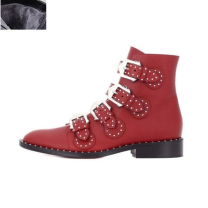 Women’s Real Leather Ankle Boots – Rivets & Buckle Punk Boots, Studded Gothic Designer Shoes