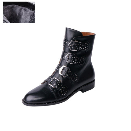 Women’s Real Leather Ankle Boots – Rivets & Buckle Punk Boots, Studded Gothic Designer Shoes