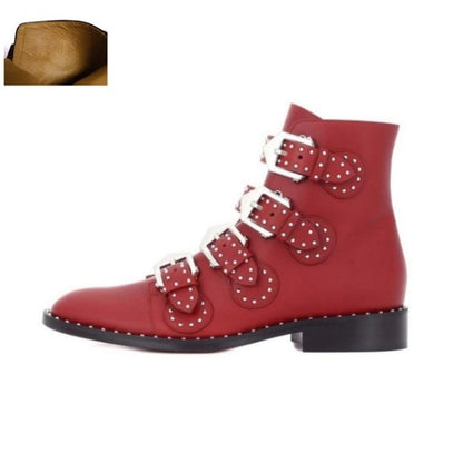 Women’s Real Leather Ankle Boots – Rivets & Buckle Punk Boots, Studded Gothic Designer Shoes