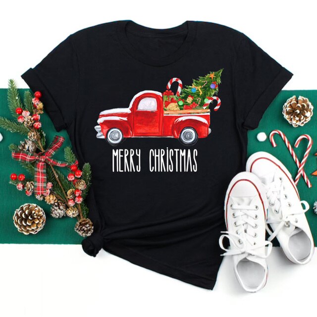 Women's Christmas Tree on Truck Printed T-Shirt