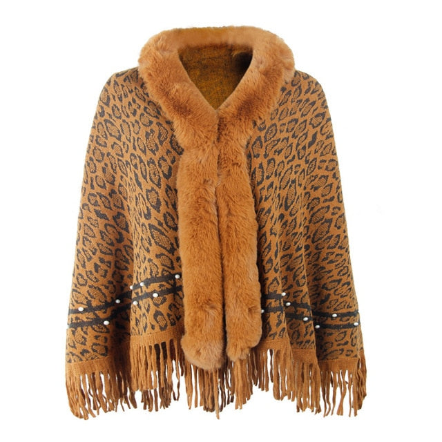Womens Leopard Color Faux Fur Collar Thick Winter Warm Shawl Jackets