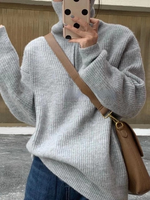 Oversize Zipper Knitted Women Loose Sweater