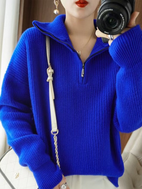 Oversize Zipper Knitted Women Loose Sweater