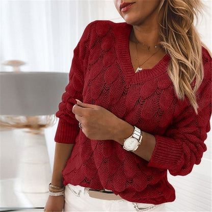 Women's Elegant Hollow V-Neck Autumn Winter Sweater