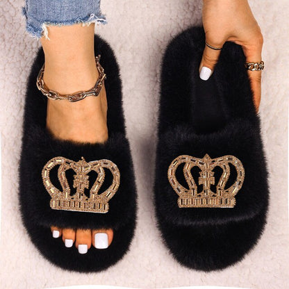 Womens Queen Crown Themed Flat Furry Winter Home Slippers