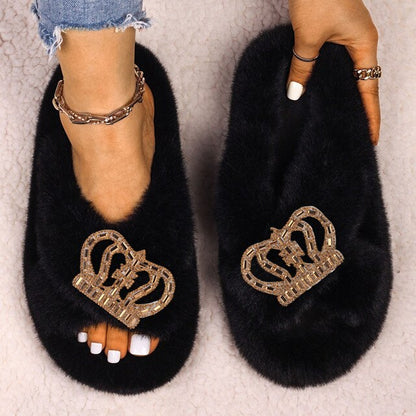 Womens Queen Crown Themed Flat Furry Winter Home Slippers