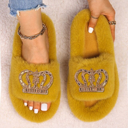 Womens Queen Crown Themed Flat Furry Winter Home Slippers