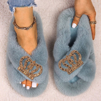 Womens Queen Crown Themed Flat Furry Winter Home Slippers