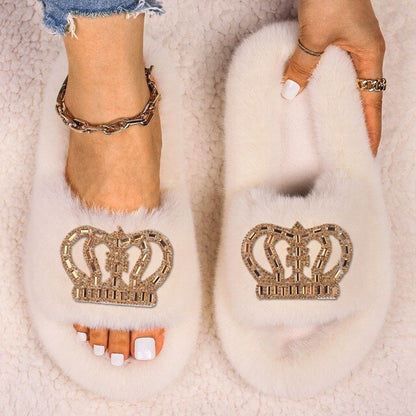 Womens Queen Crown Themed Flat Furry Winter Home Slippers