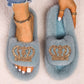 Womens Queen Crown Themed Flat Furry Winter Home Slippers