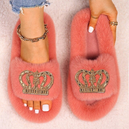 Womens Queen Crown Themed Flat Furry Winter Home Slippers