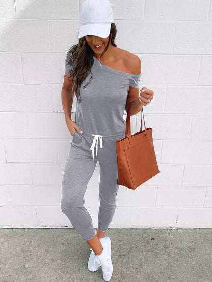 Women's Summer Sporty Jumpsuit – Off-Shoulder Short Sleeve Romper, High-Waist Casual Playsuit with Pockets