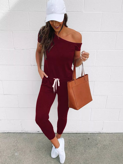 Women's Summer Sporty Jumpsuit – Off-Shoulder Short Sleeve Romper, High-Waist Casual Playsuit with Pockets