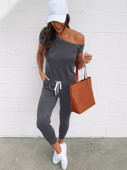 Women's Summer Sporty Jumpsuit – Off-Shoulder Short Sleeve Romper, High-Waist Casual Playsuit with Pockets