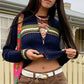 Womens Striped Design Zipper Crop Cardigan Sweaters