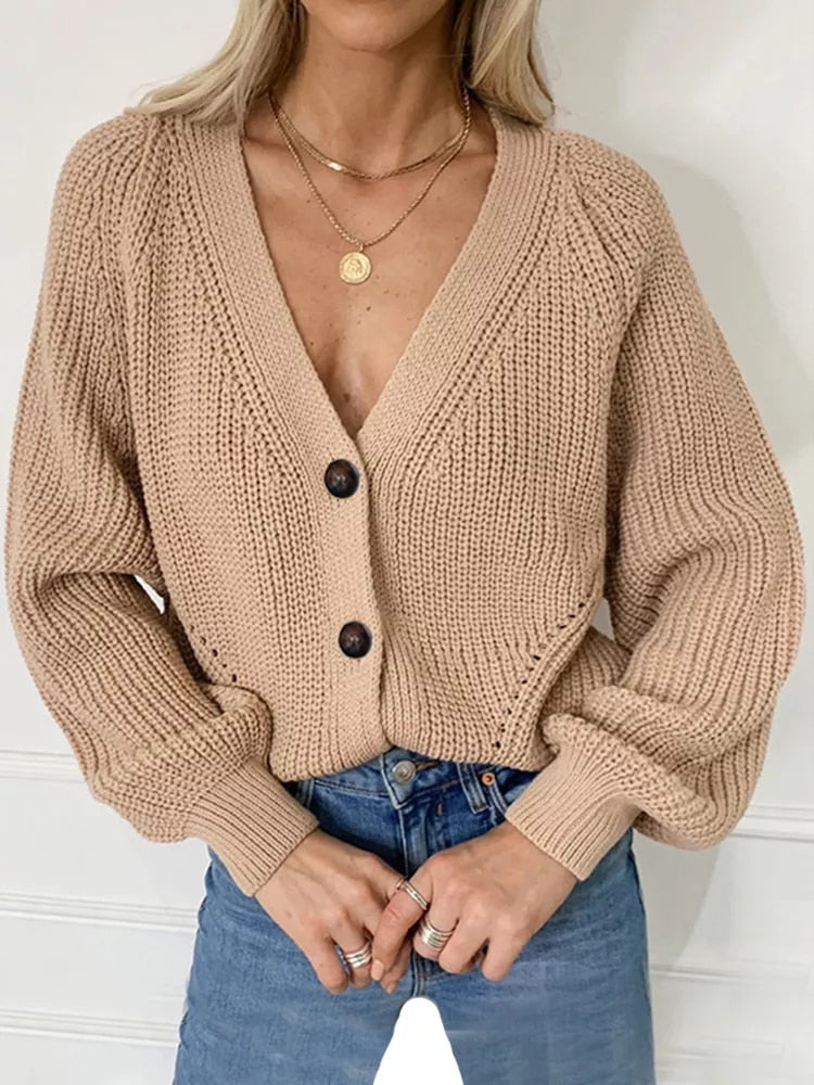 New Spring/Autumn Solid Cardigan Sweater for Women – V-Neck, Long Sleeve, Single-Breasted Short Coat, Knit Clothing