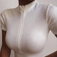 Women's V-Neck Zipper Elastic Ribbed Crop Top