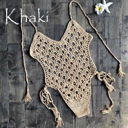 Sexy One-Piece Swimsuit for Women | Crochet Backless Monokini with Khaki Thong Design, Hot Swimwear