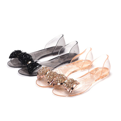 Womens Crystal Ribbon Design Transparent Low Heel Summer Shoes