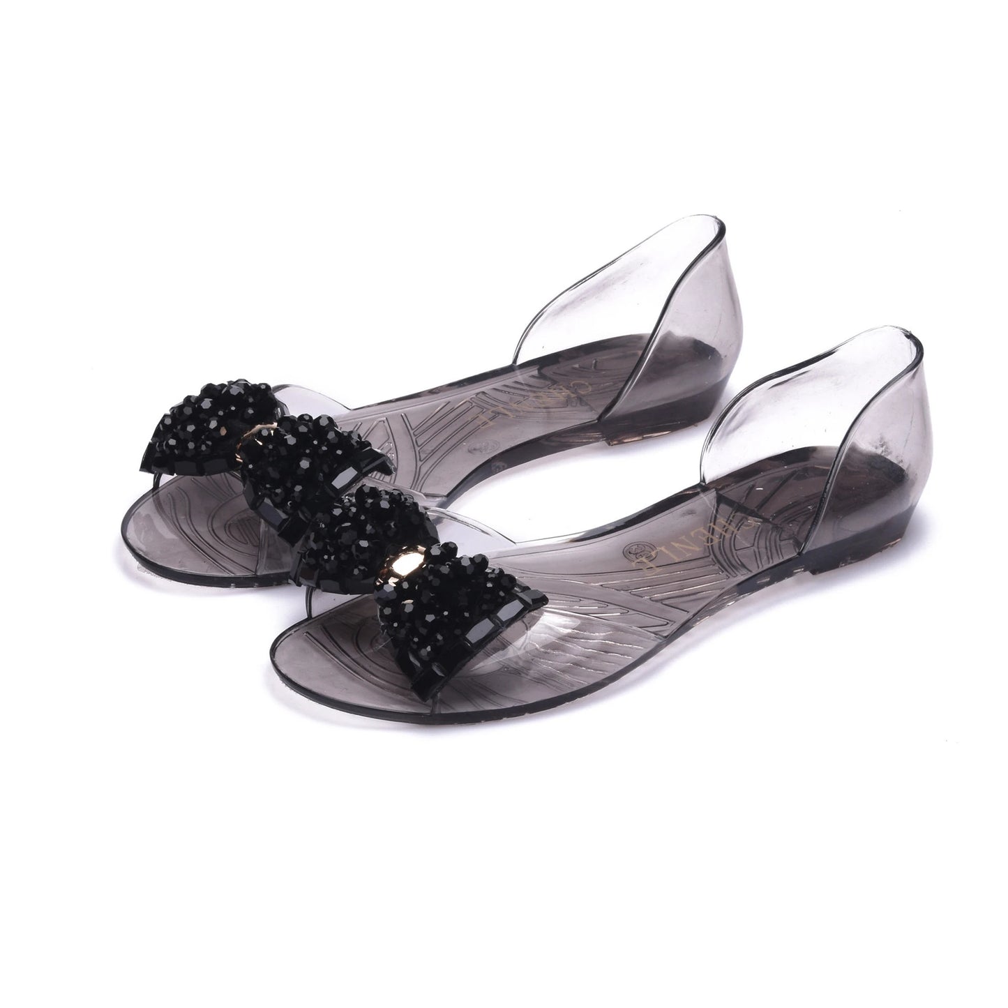 Womens Crystal Ribbon Design Transparent Low Heel Summer Shoes